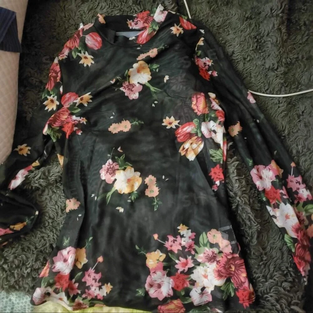 Floral mesh long sleeve top womens - Picture 2 of 8
